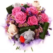 Букет цветов с двумя мишками для новоиспеченной мамочке