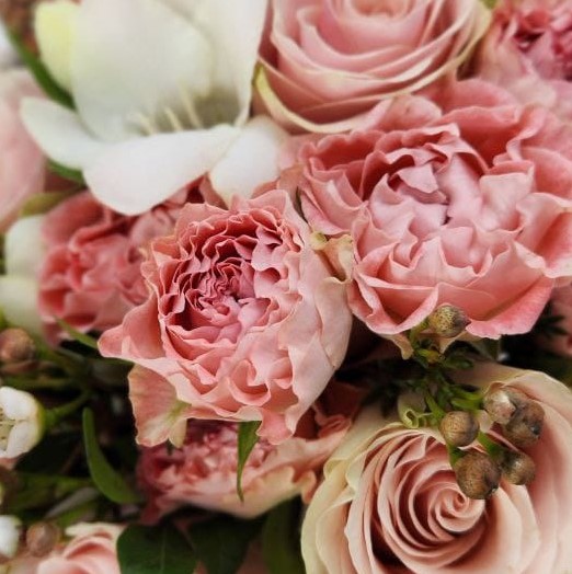 Букет невесты из пионовидных роз и хамелациума
